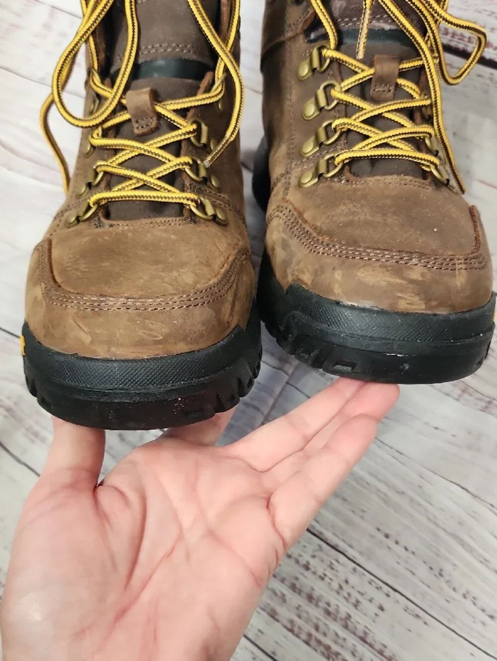 Caterpillar Brown Leather Work Boots with Yellow Laces